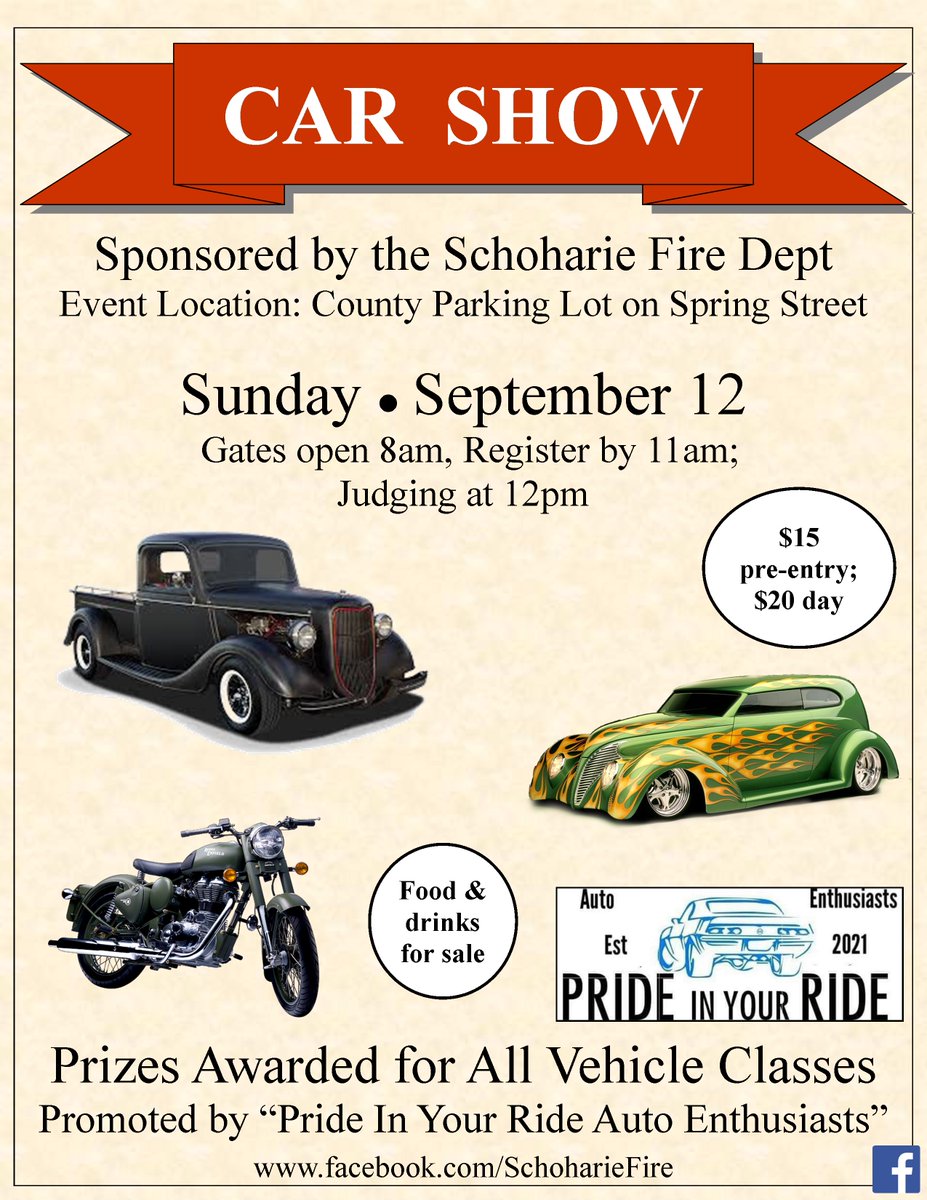 Who's ready for a #CarShow in Schoharie?

Check out our Facebook page on Aug-08 for more info on how to pre-register....
facebook.com/SchoharieFire/

#ClassicCars #MuscleCars #AntiqueCars #JeepClub #PrideInYourRide 

#SchoharieFire #Schoharie #SchoharieNY