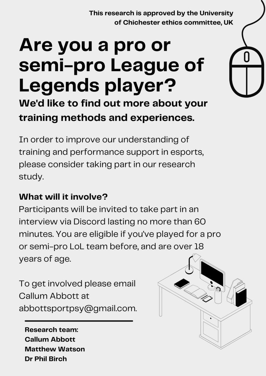 AbbottSportPsy's tweet photo. We’re looking for pro/semi-pro LoL players to help with a study exploring training methods/experiences, to help improve performance support in #esports. Involves a brief chat over discord- If you can take part, please DM or email abbottsportpsy@gmail.com.RTs much appreciated!🧠🕹️ https://t.co/k865cCdJhz