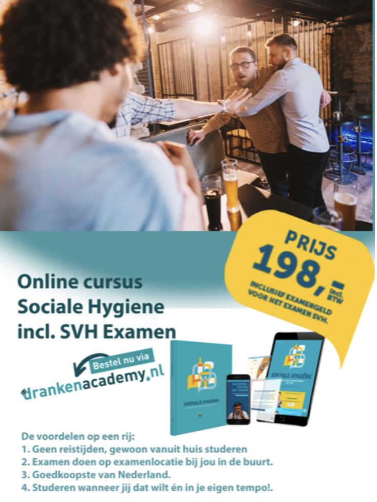#werk jij in de #horeca, #retail of bij een #sportvereniging en schenk of verkoop jij daar alcohol? Zorg dan dat je in het bezit ben van het diploma Sociale Hygiëne #svh. Nu online cursus incl. SVH examen voor slechts € 198,- incl. BTW.