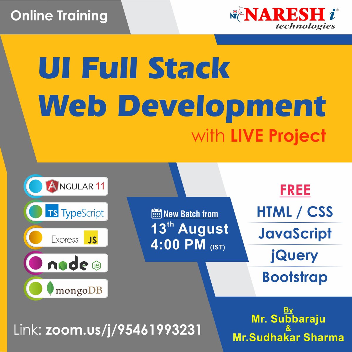 nareshitech's tweet image. Enroll Now: bit.ly/2Vxl9Im
Free Online Demo On UI Full Stack Web Development By Mr. Sudhakar Sharma&amp;amp;Subbaraju
Demo on: 13th August @ 04:00 PM (IST).
Visit: nareshit.com/new-batches-hy…
Join us on Telegram: t.me/nareshit
#Uifullstack #webdevelopment #angular11