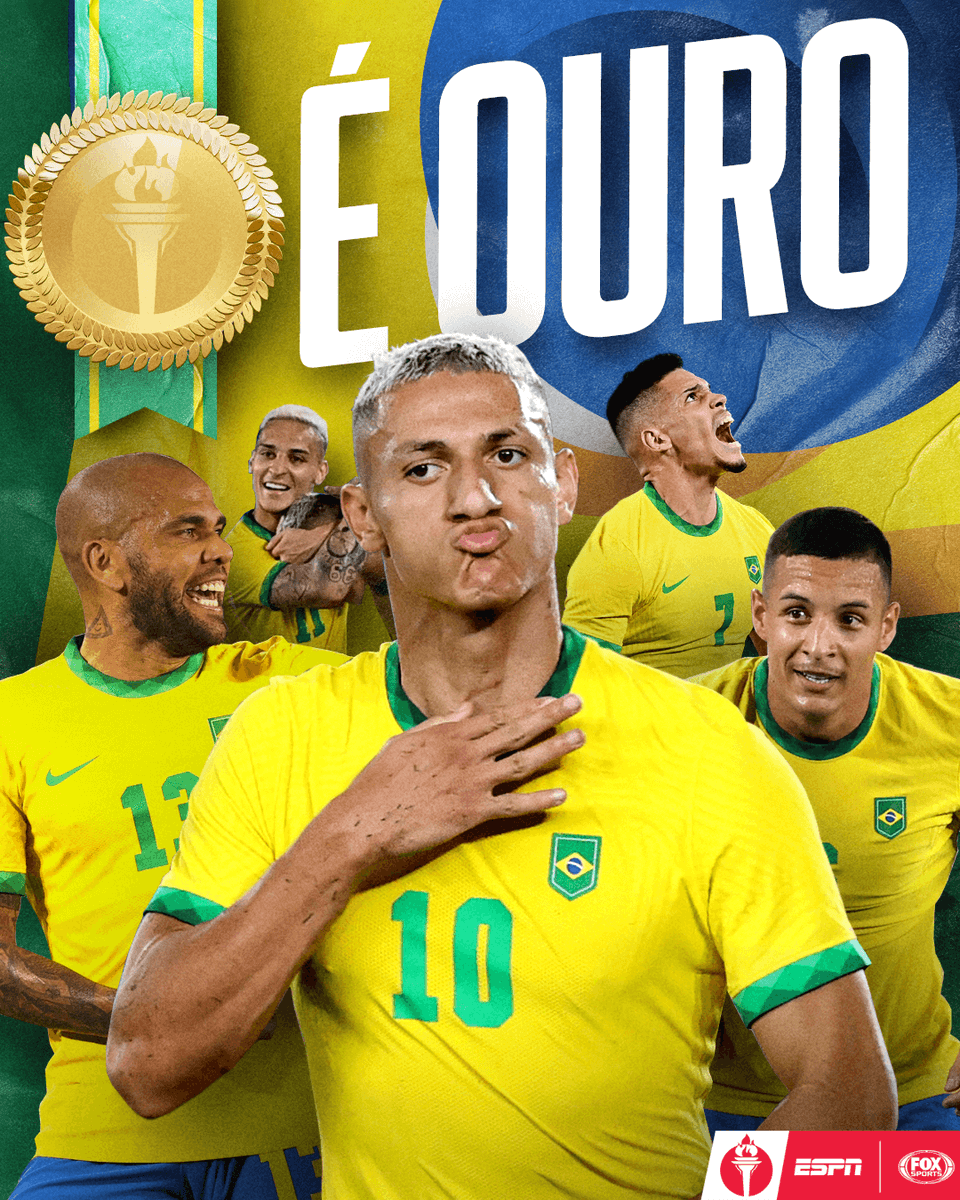 ESPNBrasil's tweet photo. É BICAMPEÃÃÃÃO! 🥇🇧🇷🥇🇧🇷 O BRASIL LEVA A MEDALHA DE OURO NO FUTEBOL MASCULINO EM TÓQUIO. CAMISA PESAAAAADA! 💪💪

#ESPNTóquio #Tokyo2020 https://t.co/6cm2mo0heJ