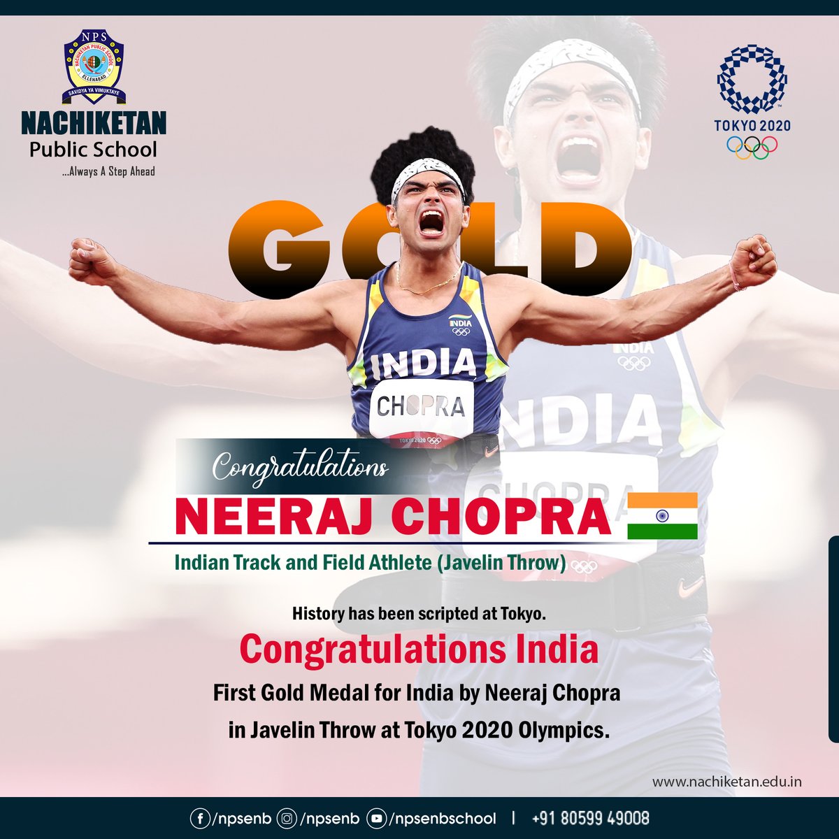 npsenb's tweet photo. History has been scripted at Tokyo.
Congratulations India
First Gold Medal for India by Neeraj Chopra 
in Javelin Throw at Tokyo 2020 Olympics.
#NeerajChopra #TokyoOlympics #JavelinThrow #OlympicGames #Cheer4India https://t.co/pkbBta4TsF