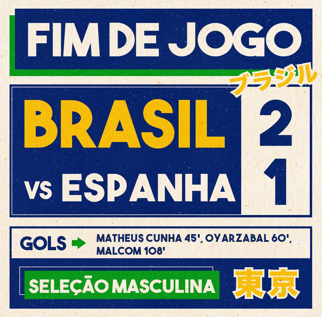 CBF Futebol on X: ACABOOOOOOOOOU! O BRASIL VENCE A ESPANHA NA PRORROGAÇÃO  E CONQUISTA O SEGUNDO OURO OLÍMPICO DO FUTEBOL NA SUA HISTÓRIA!  VAAAAAMOOOOOOOOOO!⚽🏅🇧🇷 #BRAxESP #SeleçãoOlímpica #JogosOlímpicos   / X