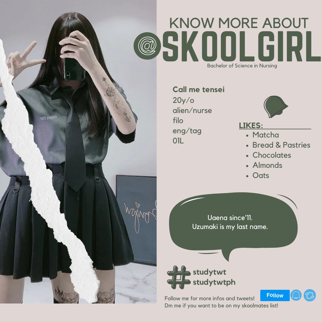 1mskoolgirl's tweet image. Hello, this is skoolgirl!
u can call me tensei:)

BSN
20
Alien/it
Filo
Eng/Tag

Let's be moots!
 #studytwt
#studytwtph