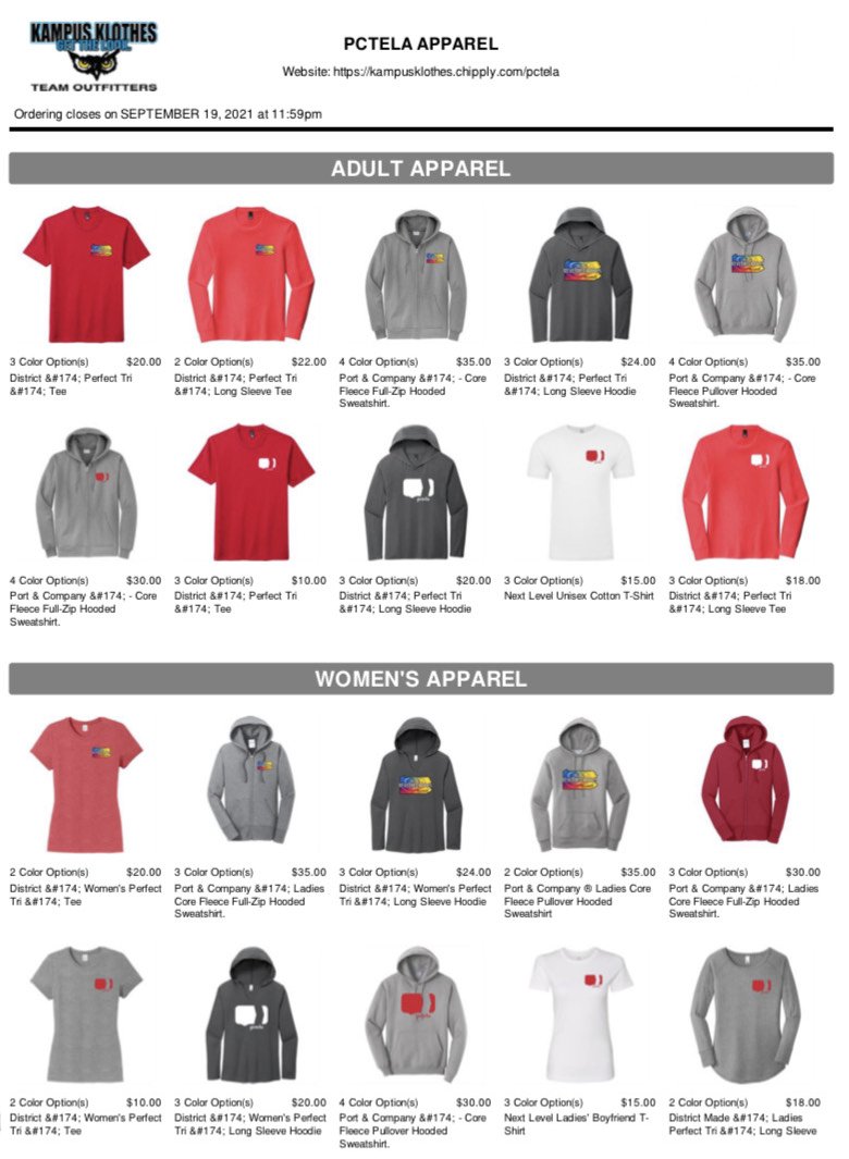 You still have time to order your #PCTELApparel from <a href="/KampusKlothes/">Kampus Klothes</a> at bit.ly/PCTELApparel! Store closes in seven days on Sunday, 9/19/21 at 11:59pm. Orders will ship early October so you receive them prior to #PCTELA21!