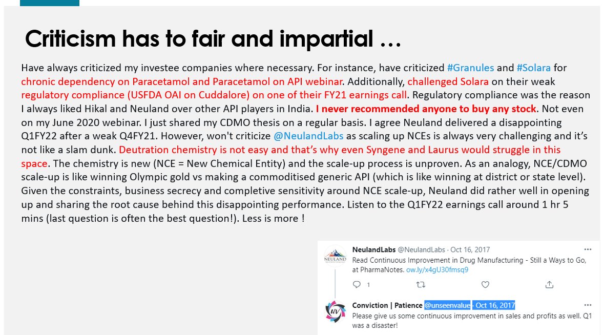 unseenvalue's tweet photo. Have always criticized my investee companies (e.g. #Solara, #Granules on recent API webinar). However, won't criticize @NeulandLabs this time, given the way they conducted the earnings call and explained the challenges in NCE scale-up (1hr 5 mins) 👇

https://t.co/HVwwZG8wJK https://t.co/wCz1QmEkju