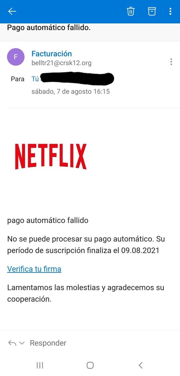 EvaAlvarez87's tweet photo. Hay que ser hijos de puta para intentar engañar con esto, hay que fijarse bien en la dirección de email que lo manda. Aviso a @NetflixES por si quieren tomar cartas en el asunto #EstafaNetflix #NuevaEstafa #Timo #Engaño #EmailFalsoNetflix #CuidadoConEstosFraudes https://t.co/EJfhVufota