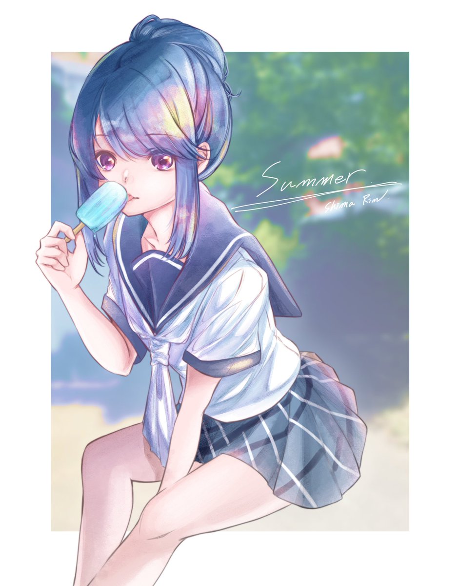 shima rin 1girl popsicle food school uniform solo blue hair skirt  illustration images