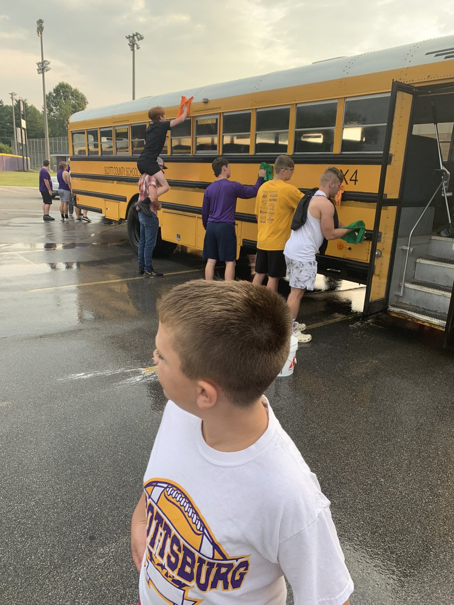SCSD2 Bus Wash! Love to see our young men taking pride in our district, facilities, and equipment! So many great lessons can be learned from this. <a href="/scsd2athletics/">Scottsburg Athletics</a> was in full force out there today putting in work. Proud of all of our athletes for waking up early to do this!