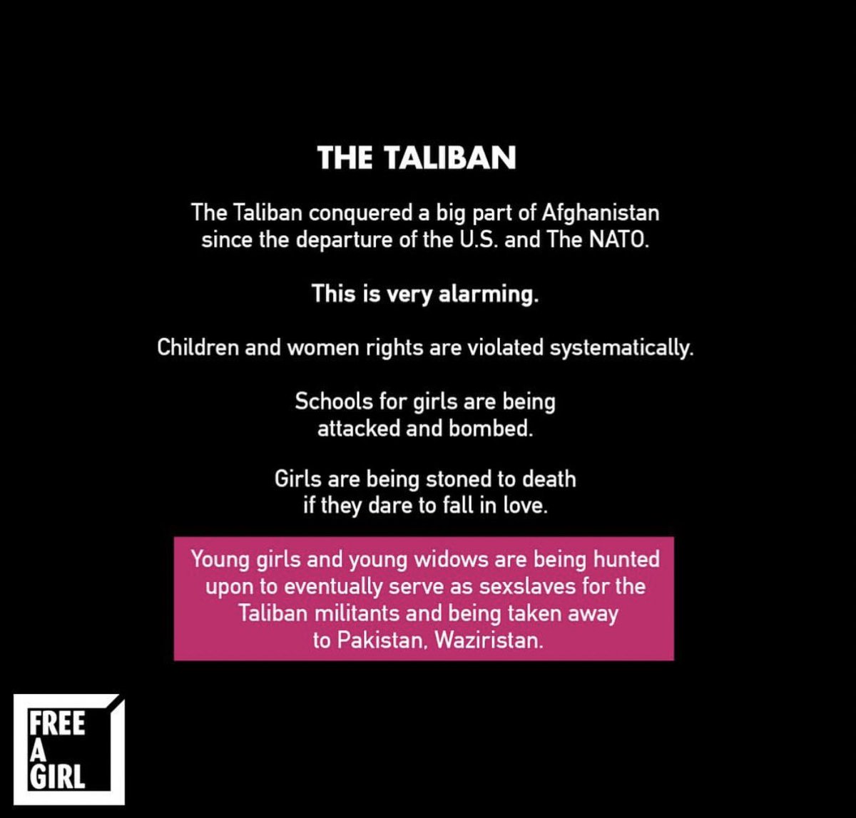 LadyVelvet_HFQ's tweet photo. Sex slavery is forbidden in Islam, but #Taliban’s cult says it’s how they pay their soldiers. Little girls as young as 15 become sex slaves to go round soldiers and never see their parents again. Any widow under 40, regardless of her kids is fair game too. #SexSlavery @POTUS @VP https://t.co/Vw3gm70EAL