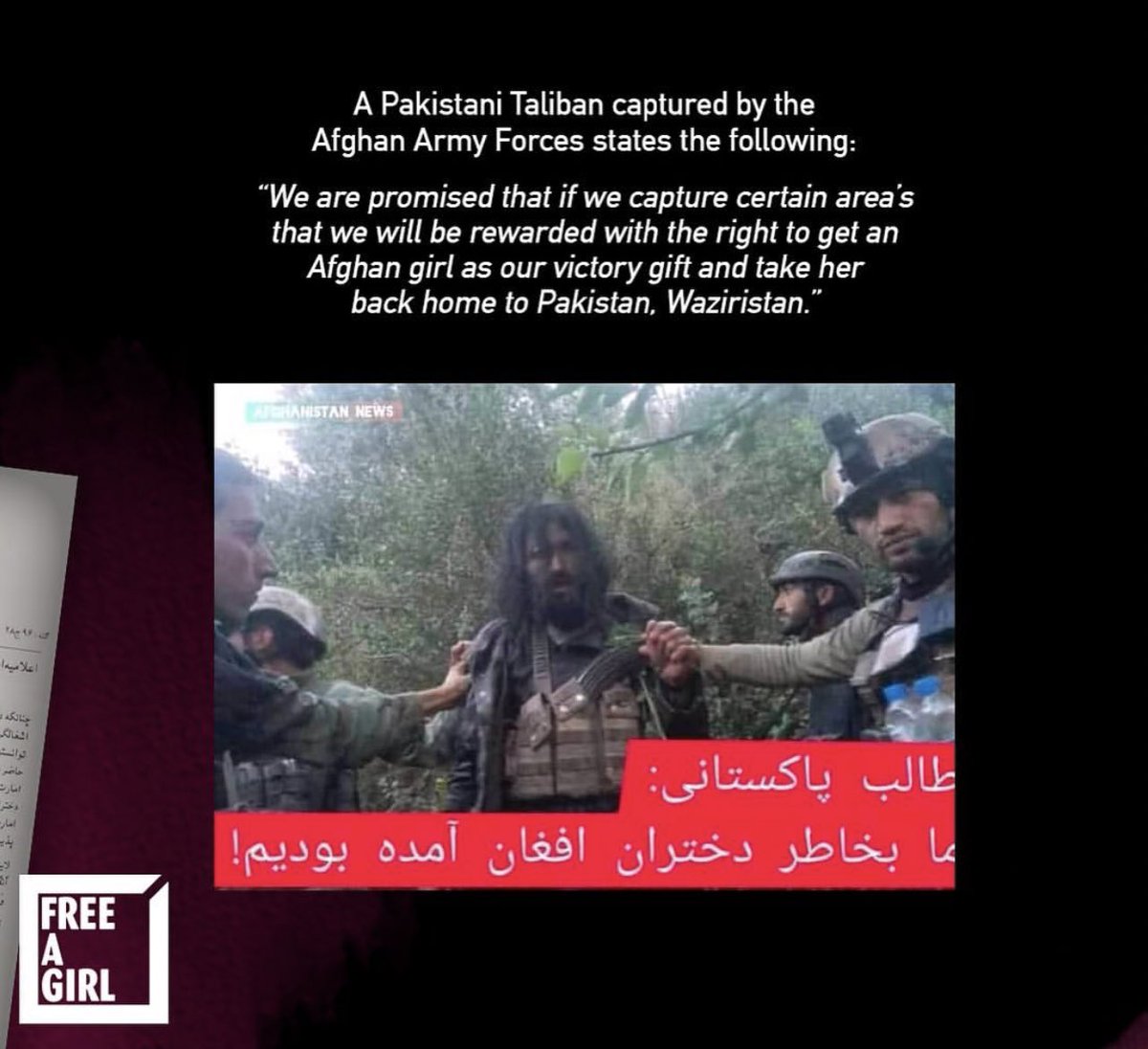 LadyVelvet_HFQ's tweet photo. Sex slavery is forbidden in Islam, but #Taliban’s cult says it’s how they pay their soldiers. Little girls as young as 15 become sex slaves to go round soldiers and never see their parents again. Any widow under 40, regardless of her kids is fair game too. #SexSlavery @POTUS @VP https://t.co/Vw3gm70EAL