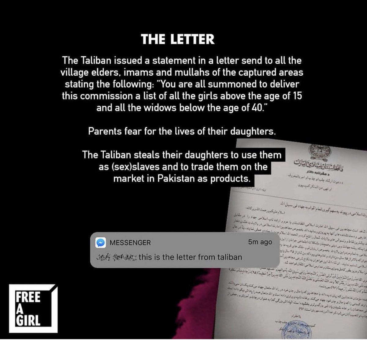 LadyVelvet_HFQ's tweet photo. Sex slavery is forbidden in Islam, but #Taliban’s cult says it’s how they pay their soldiers. Little girls as young as 15 become sex slaves to go round soldiers and never see their parents again. Any widow under 40, regardless of her kids is fair game too. #SexSlavery @POTUS @VP https://t.co/Vw3gm70EAL