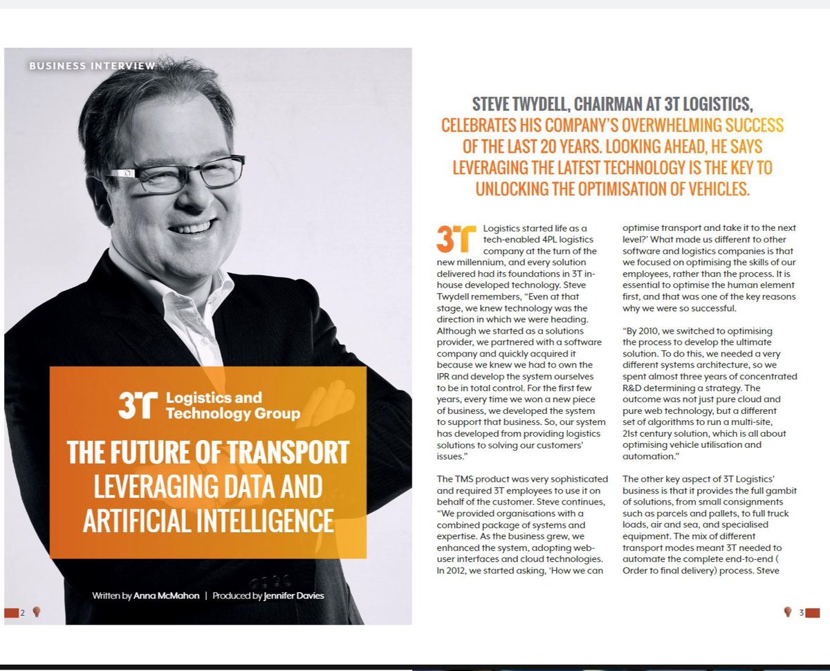 3teurope's tweet photo. We are thrilled to be featured in the August edition of Digital Innovation,  alongside leaders in packaging innovation (PFF group). In this edition, Stephen Twydell, 3T's Chairman, discusses 'The Future of Transport' 
Read it here- https://t.co/SrruZpdf1X 
 #AItech #logistics https://t.co/04VVQGGSUw