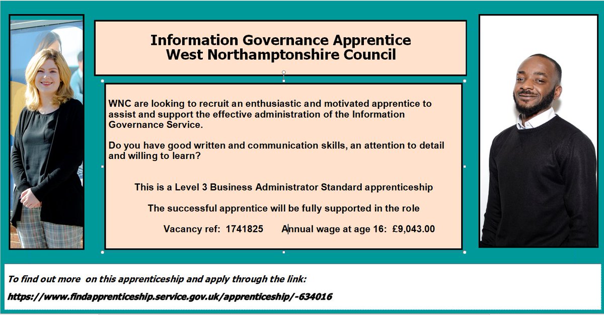 KTServices's tweet photo. Don't miss this great apprenticeship opportunity!  😊
West Northamptonshire Council wish to recruit a Level 3 Business Administrator Apprentice to support their Information Governance Service.  Full details and how to apply:  
https://t.co/wzxniqOKsh https://t.co/LlAuvexYDv