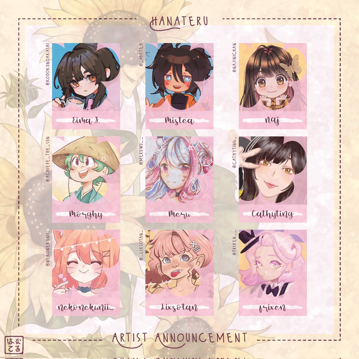 hanateru_zine's tweet photo. 💮 Hanateru Artist Annoucement 1/2 💮

We are happy to announce the artists that have contributed to this wonderful zine! 

We will be showcasing snippets of the zine as well as the merchandise created for it shortly! https://t.co/lhcpKqvFGg