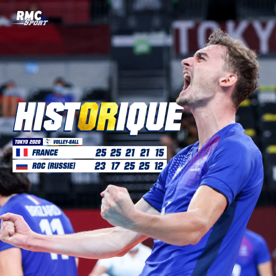 RMCsport's tweet photo. 🏐🇫🇷 L'ÉQUIPE DE FRANCE EST CHAMPIONNE OLYMPIQUE POUR LA PREMIÈRE FOIS DE SON HISTOIRE !!!! Incroyable !!! Exceptionnel !!! QUEL EXPLOIT !!!!! ► https://t.co/3uxExAqB8x https://t.co/R0O7r8UlUS