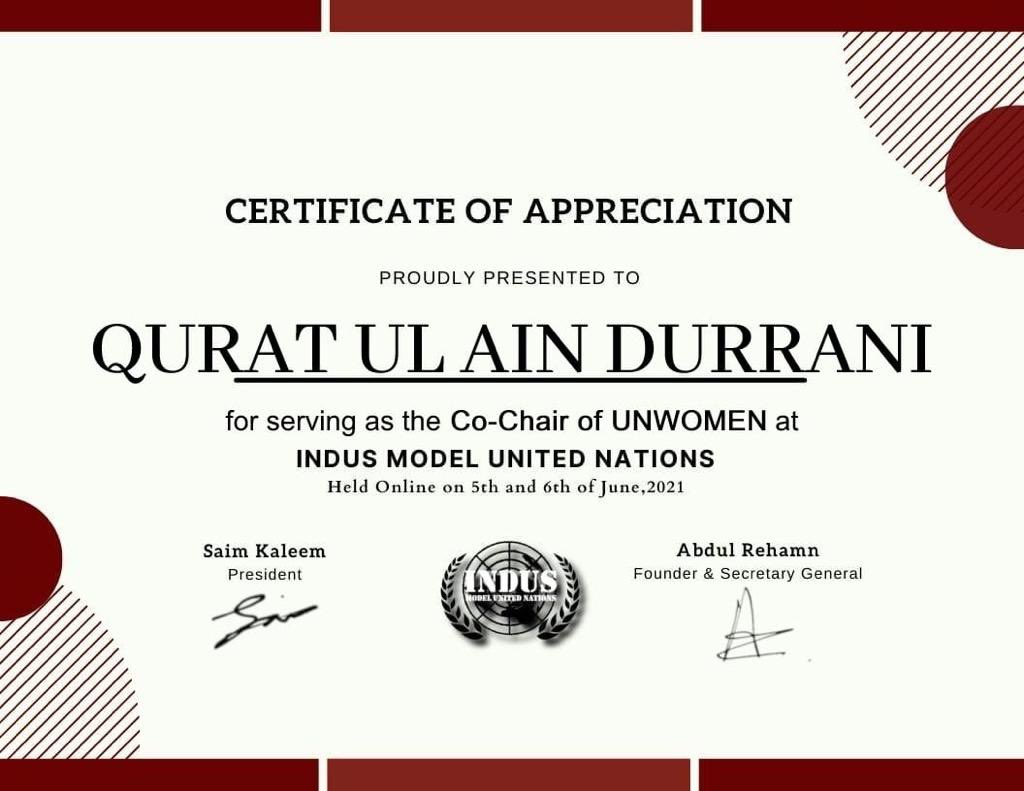 QKDurrani's tweet photo. Indus MUN always become the beginning of a new high in my life & this time I had an opportunity to Co-chair at #IndusMUN, learned a-lot.
MUN: Indus MUN
Post: Co-Chair
Committee: UNWomen
Date: June 5th & 6th
#mun https://t.co/UQ7E4bIfux