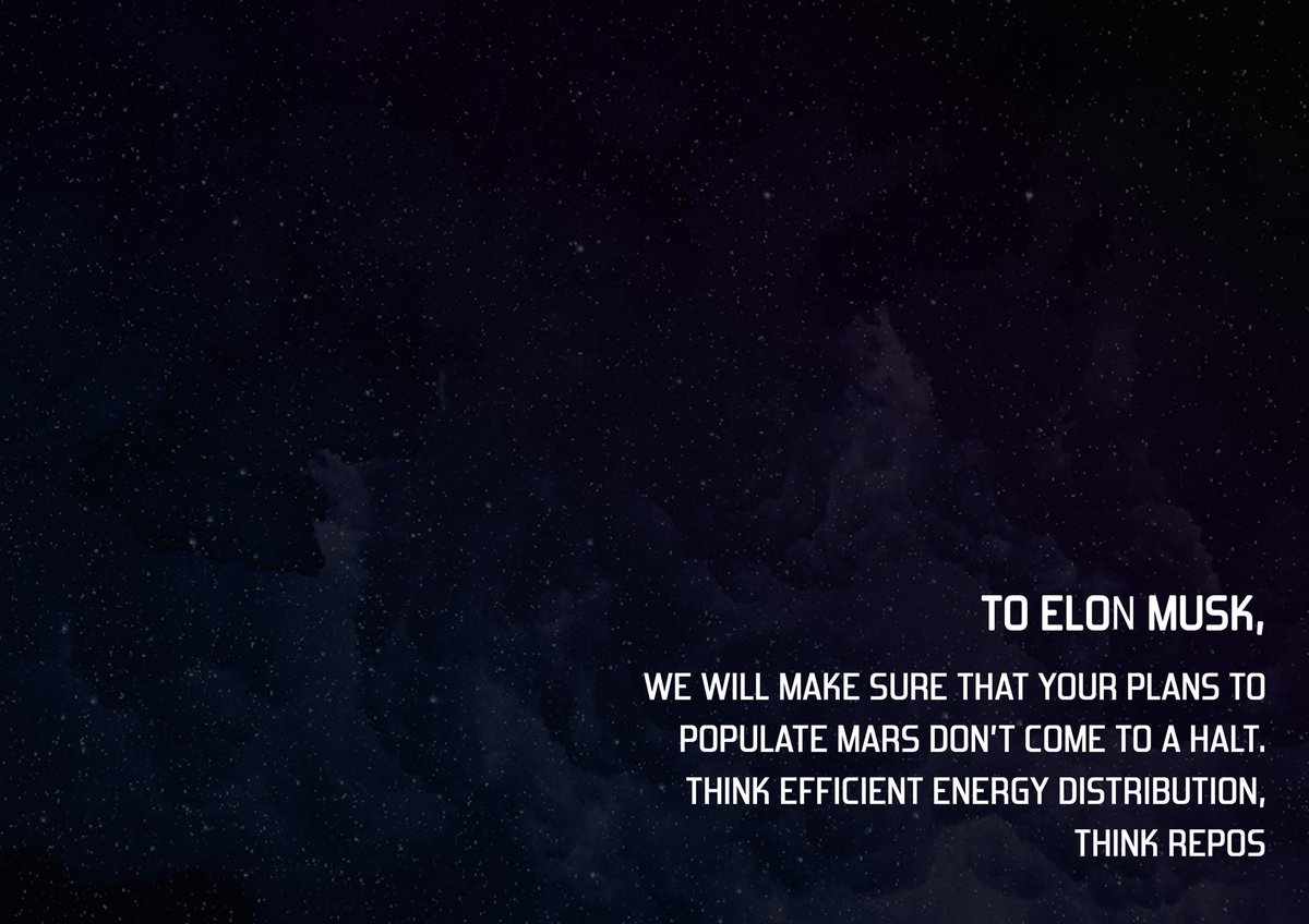 reposenergy's tweet photo. Dear @elonmusk,
We will make sure that that your plans to populate Mars don't come to a halt. For doorstep fuel delivery, think Repos!
#repos #elonmusk #elon #mars #projectmars #energy #spacex #spacetravel #spacex #tesla #elonmuskspacex #spacexmars #marsmission #startup https://t.co/aP59UXjZ3U