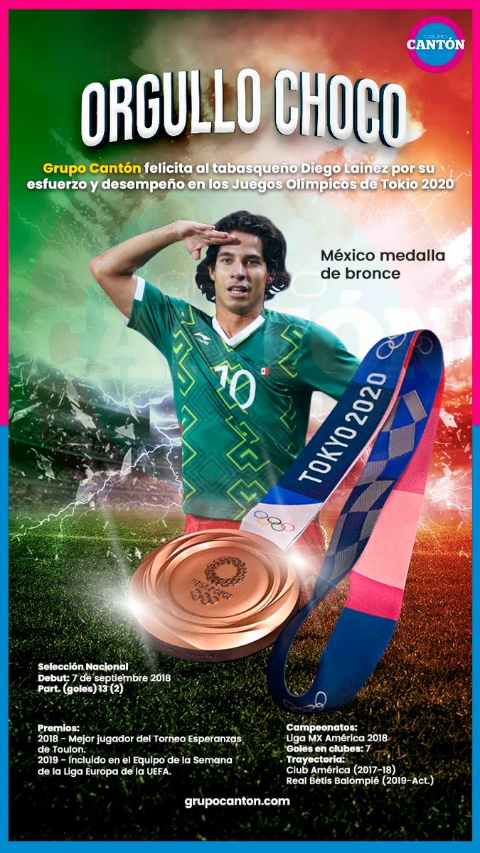 TabascoHOY's tweet image. #OrgulloChoco🙌| El tabasqueño Diego Lainez Leyva (@DiegoLainez10) recibió la medalla de bronce en los #JuegosOlimpicos de #Tokyo2020. 🥉
¡FELICIDADES! 🥳
@grupocanton 
Tabascohoy.com