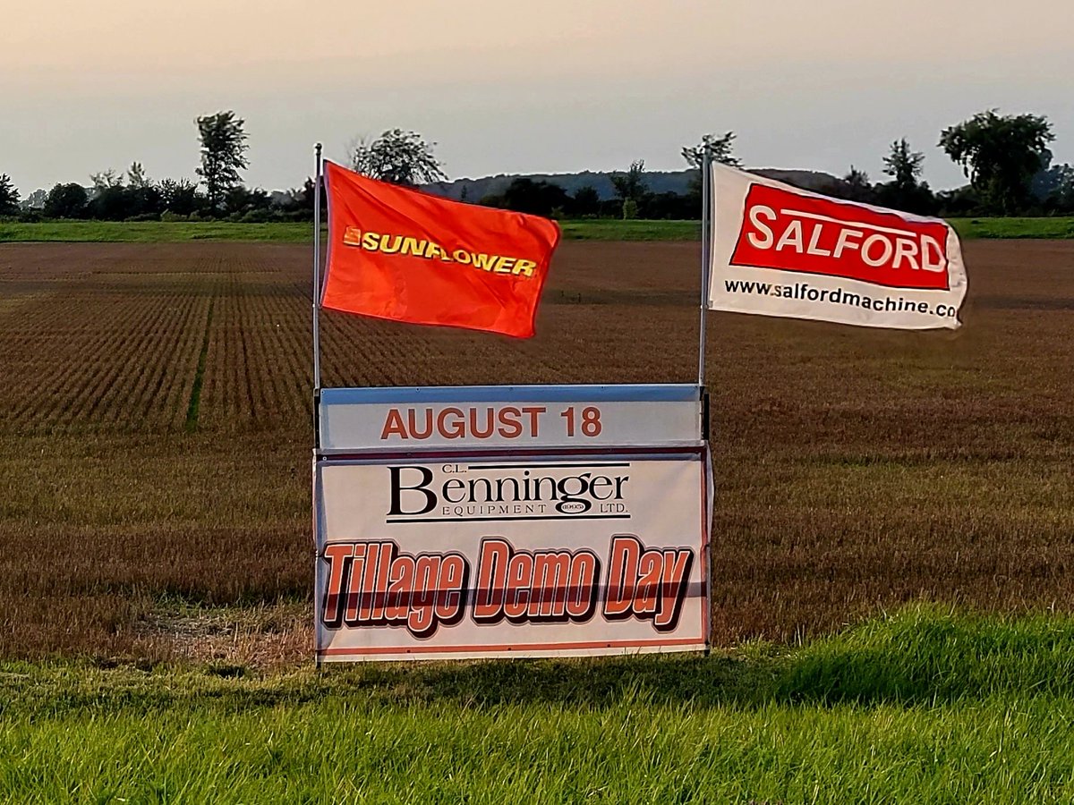 CLBenningerEq's tweet photo. The sign is up at the site of our upcoming tillage day. August 18th,  7 km west of Chatham on Hwy 2. We will have multiple pieces of Great Plains, Salford, Kubota(Kverneland) and Sunflower running. Mark your calenders, and watch for further details. #ontag @southpointequip https://t.co/w5rjopYBOr