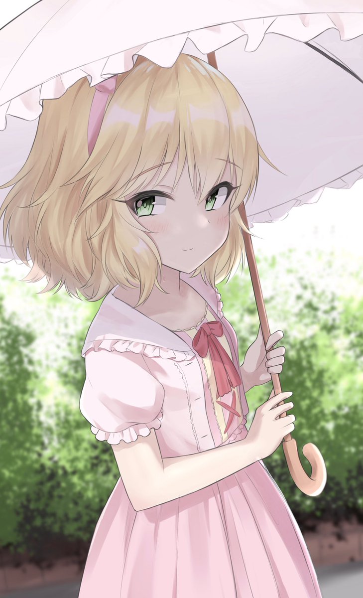 sakurai momoka 1girl umbrella solo blonde hair green eyes dress looking at viewer  illustration images