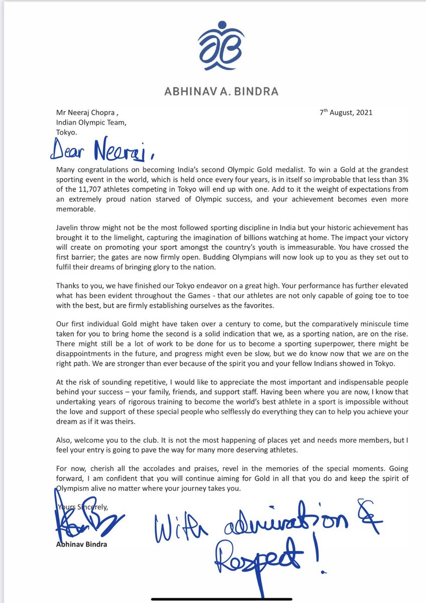 RahulBose1's tweet photo. From gold to gold. A letter with such thought, consideration, warmth and wisdom. Not that we ever doubted ⁦@Abhinav_Bindra⁩ ‘s class. ⁦@Neeraj_chopra1⁩ https://t.co/4gshQBVBVa