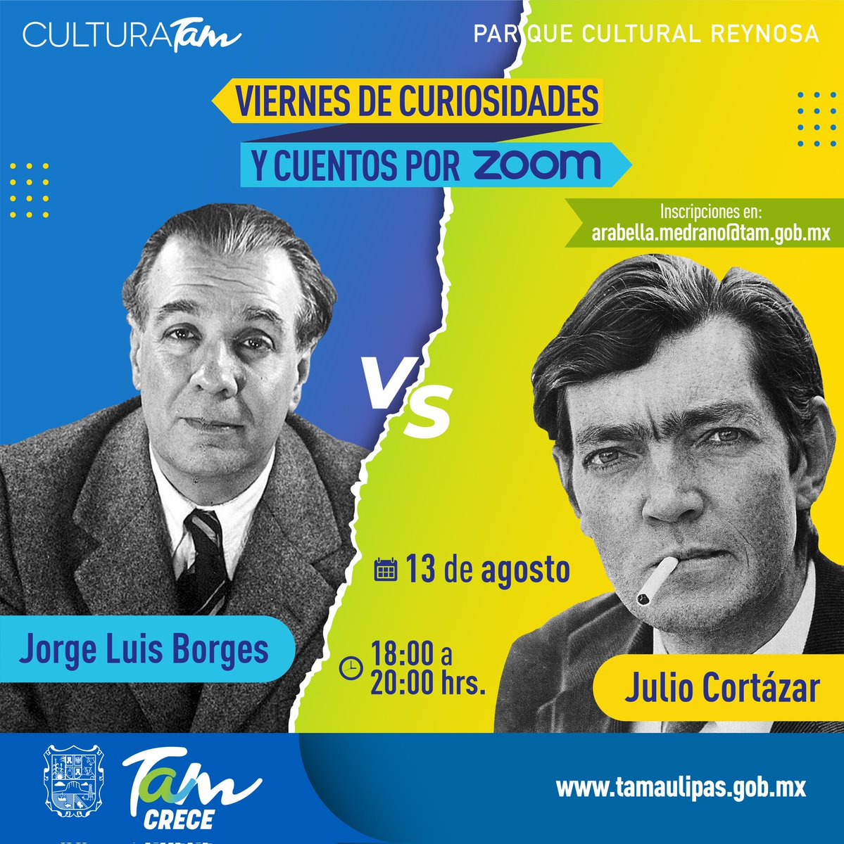 ITCATamaulipas's tweet photo. 👀 ¡Lector! ¿Eres #TeamBorges o #TeamCortázar? 🤔📘
Conoce el legado de dos notables escritores con el Viernes de curiosidades y cuentos por zoom del @ParqueReynosa.
¡Regístrate, el cupo es limitado! https://t.co/oIrNC1IaTL