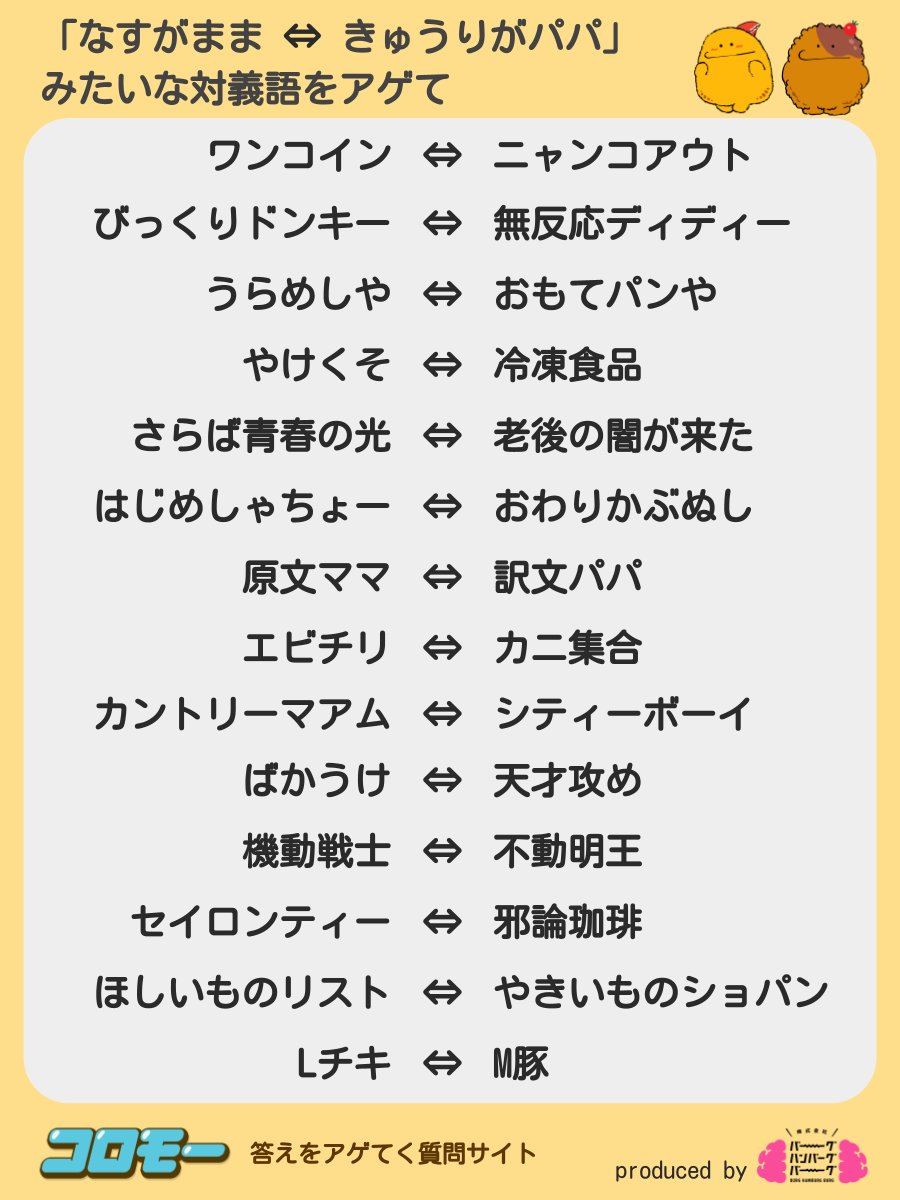 みんながアゲてくれた
『なすがまま ⇔ きゅうりがパパ』
みたいな対義語