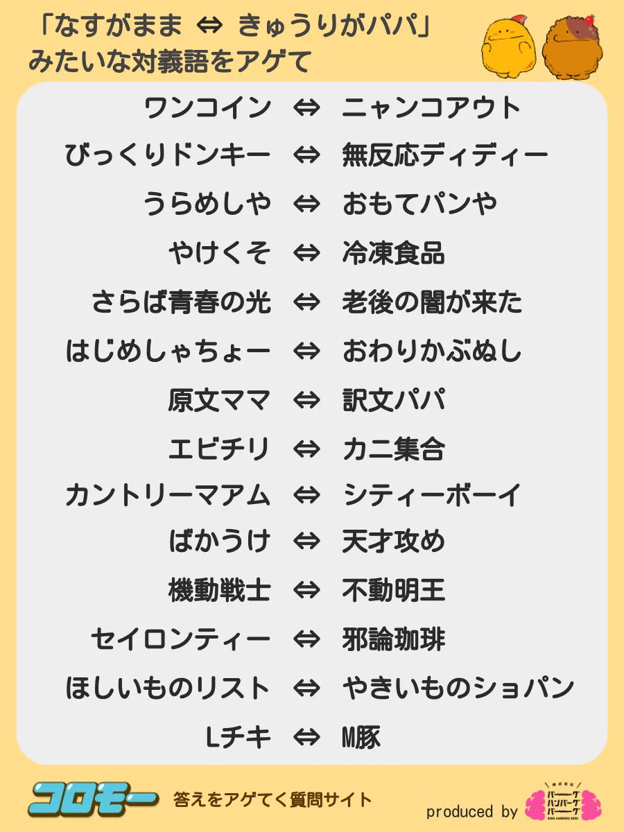 実はたくさんある？「なすがまま⇔きゅうりがパパ」みたいな対義語一覧www