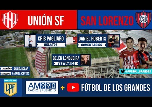 Este sábado desde las 15 y 45hs. En Santa Fe, juegan; <a href="/clubaunion/">Club Atlético Unión</a> vs <a href="/SanLorenzo/">San Lorenzo</a> y lo hacemos con el equipo de Fútbol de los Grandes. Gracias por estar @La990Radio <a href="/futbol_grandes/">Fútbol de los Grandes</a> <a href="/TribunaDeporOK/">Tribuna Deportiva</a> @RadioPI_ <a href="/CrisPagliaro/">Cris Pagliaro</a> <a href="/BeluLongueira/">Belu</a> <a href="/DataCasla/">Gabriel Acevedo</a> <a href="/DaniBocar/">Daniel Bocar</a>