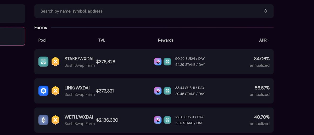 Start farming on <a href="/SushiSwap/">Sushi.com</a> on xDai and enjoy the dual reward in both STAKE 🥩and $SUSHI 🍣

Currently, the top three pools are:  

$STAKE/WXDAI - 84% APY🔥
$LINK/WXDAI - 56% APY 🔥
$WETH/WXDAI - 40% APY 🔥

Detailed instructions on how to start farming👇xdaichain.com/about-xdai/pro…