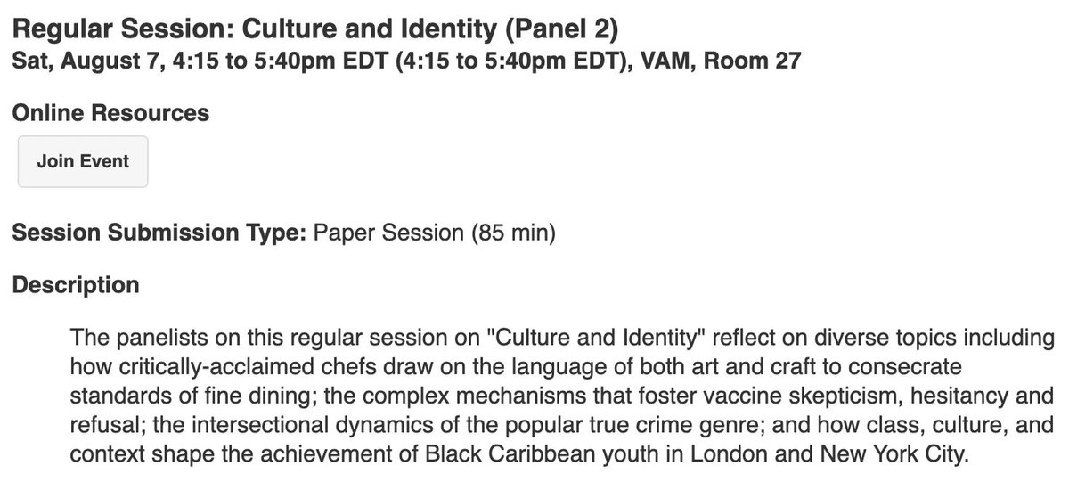 LauraGarbes's tweet photo. Pleased to be moderating one of the @ASAnews culture and identity sessions today! Topics range from vaccine hesitancy, the valuation of fine dining, true crime consumption (@heathermooooney), and the politics of schooling Black Caribbean children in NYC/London (@DerronWallace) https://t.co/ochYJrC5s2