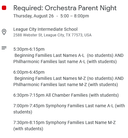 lcisorchestra's tweet photo. Parent Night = one stop shop for all of the required Orchestra Back to School Paperwork!
1 Parent/guardian attends per student/household.
Beginning students do NOT need to attend!
Phil, Symph, and Chamber students MUST attend to be measured &amp; fitted for Orchestra Concert Uniforms https://t.co/wGcEv2THvM