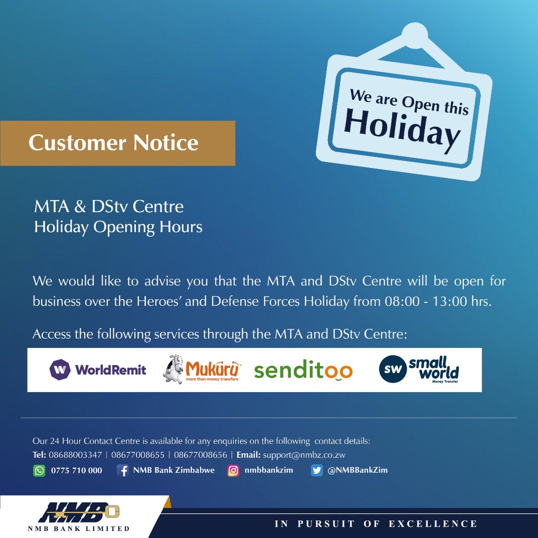 NMBBankZim's tweet photo. Collect USD Cash received through WorldRemit, Mukuru, Senditoo and Small World from the MTA and DStv Centre this holiday. 

#NMBBank  
#NMBMTA   
#BankOnUs https://t.co/ibLIlXP4Hh