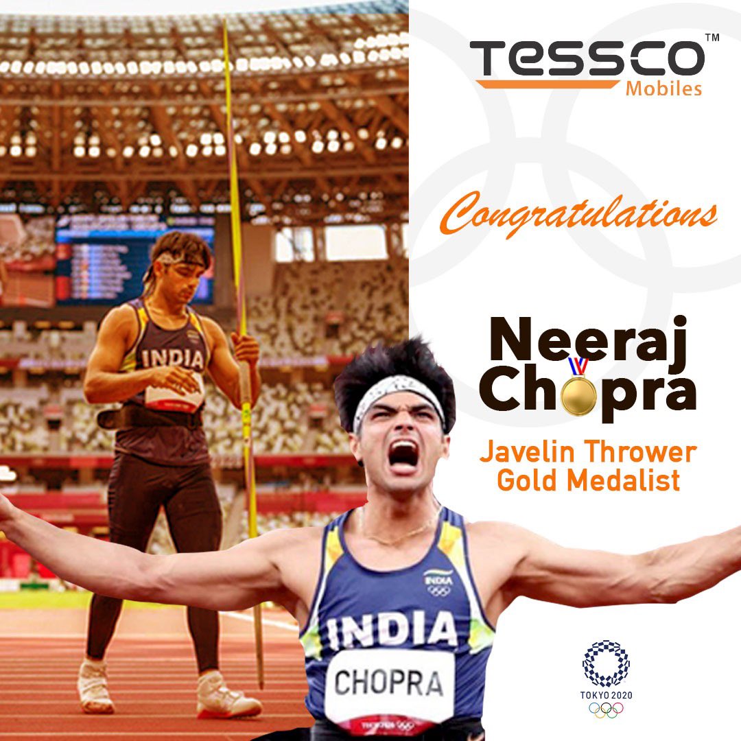 TesscoMobiles's tweet photo. Indian eyes are gleaming with Gold🤩. A Remarkable day for India, We are Proud of you @neeraj____chopra
#gold #jevlinthrower #Tokyo2020 #NeerajGoldChopra #Athletics #goldcominghome🇮🇳 https://t.co/AQbAk3BNm8