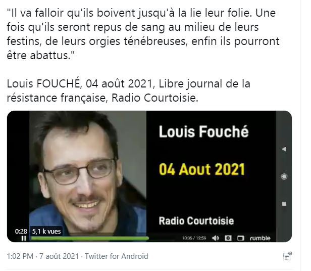 Si ce confrère à dit cela alors il doit etre radié .
Ce n’est pas la 1efois qu’il appelle au meurtre.
Il y a qques mois il appelait à la pendaison de «responsables»
Plus recemment il parlait de génocide vaccinal dans les ehpad.
<a href="/Miviludes_Gouv/">Miviludes</a> <a href="/ordre_medecins/">Ordre des Médecins</a> que faites vous?