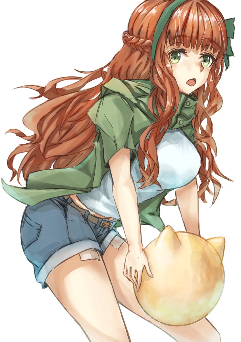 1girl long hair green eyes solo braid shorts shirt  illustration images