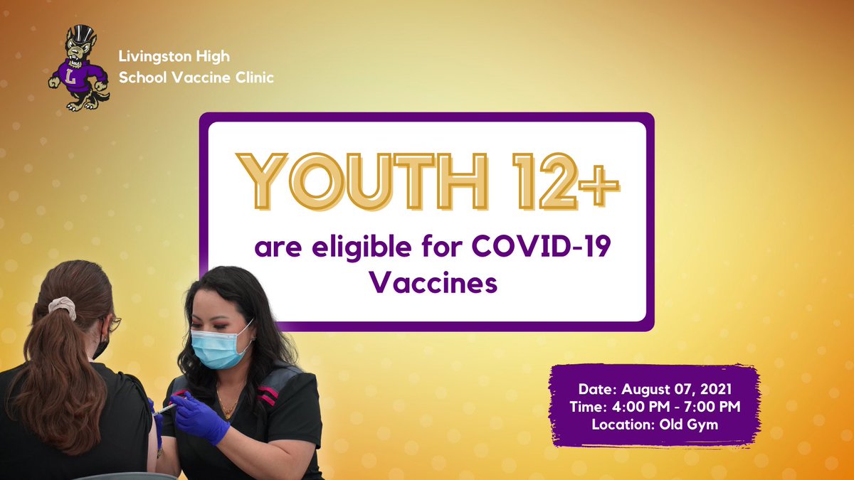 leadership_lhs's tweet photo. COVID-19 Vaccine Clinic today at the Old Gym from 4PM to 7PM.  Everyone age 12 and  over is welcome! No appointment necessary! Enter through the Peach Avenue gate. #lhs24 #wolfpack #vaccineclinic #muhsd @LHSPrincipalJ https://t.co/QZ0zekcHap