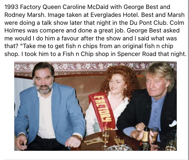 FOTF21's tweet photo. Thanks to our friend Willie Deery for sharing this fab picture &amp; memories of the ‘93 #factoryqueen.  @Evergladeshotel @NWSharingZone @MyDerry @DerryNow #GeorgeBest https://t.co/9438FMcBf7