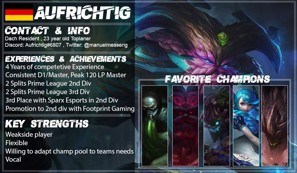 LFT POST

Hey Guys, it's that time again and after a successful split with <a href="/SparxEsports/">SparxEsports</a> I am now LFT again.   

I'm mainly looking for 2nd Div PL offers and other ERLs.

Glad about every retweet and like 😁