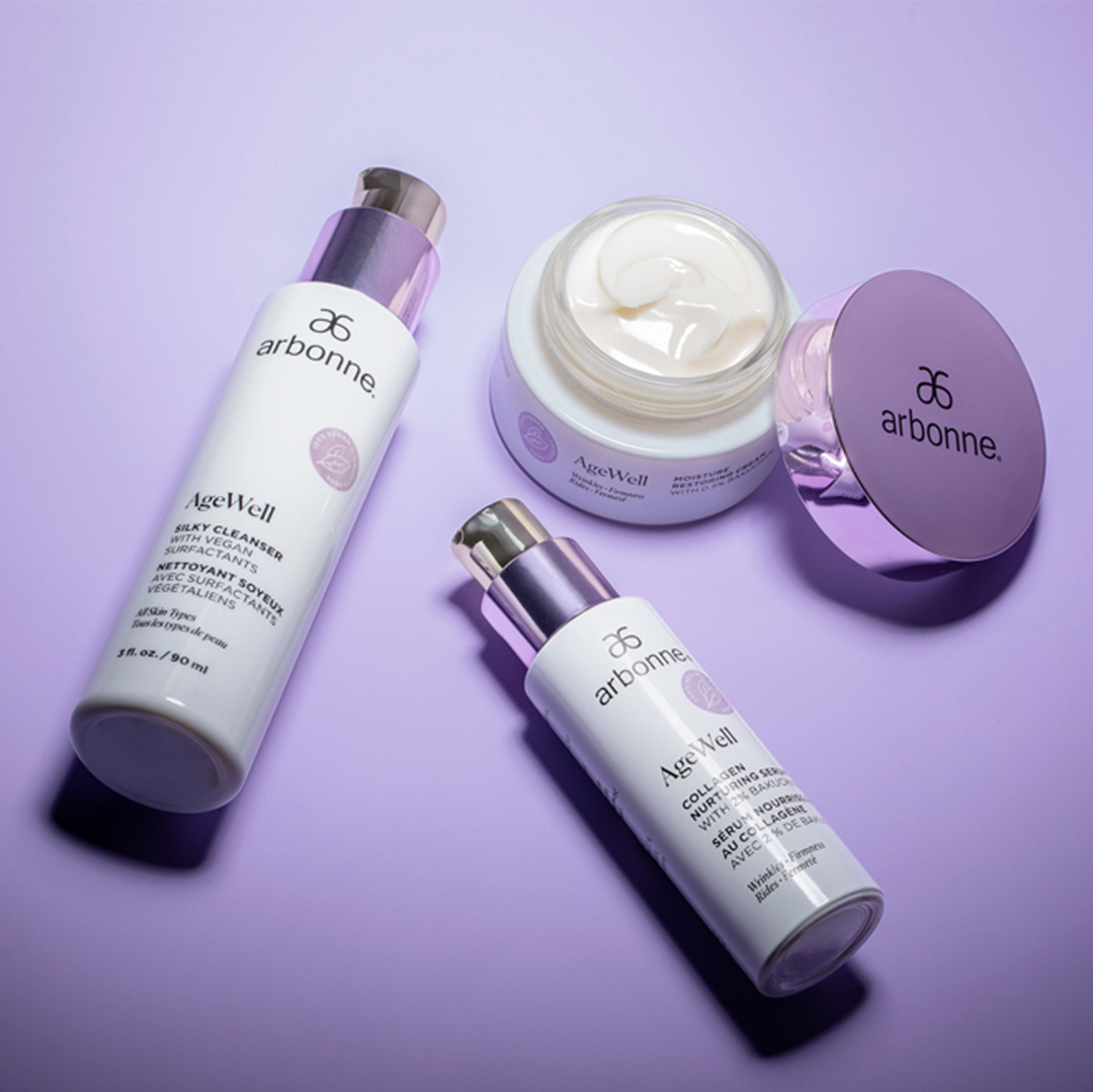 arbonne's tweet photo. Turn back the clock with our AgeWell Healthy Glow Kit! Get 3 full-sized bestsellers including our Silky Cleanser with Vegan Surfactants, our Moisture Restoring Cream with 0.5% Bakuchiol, and our Collagen Nurturing Serum with 2% Bakuchiol. Get your set at https://t.co/ZVC1sEDMS1! https://t.co/tj1b4Rq5Zn