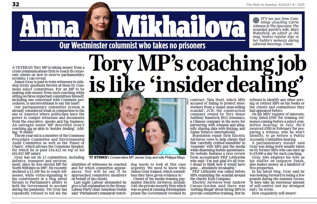 AVMikhailova's tweet image. EXCL: Tory MP being paid by consultants to ‘train’ corporate clients for select committee hearings

James Gray currently sits on three committees himself

Labour tonight demands Parliament’s sleaze watchdog investigate