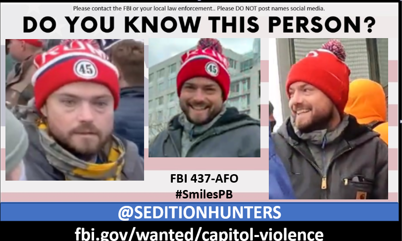SeditionHunters's tweet photo. New Images! Please share across all platforms. Do you Know this person?? Please contact the FBI with 437-AFO Please do not post names on social media #SmilesPB #DCRiot #CapitolRiot https://t.co/TATR61FioN https://t.co/RZW92ehWF5