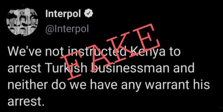 InstantCheck_'s tweet photo. Fact Check: Tweet Purportedly From Interpol Over Harun Aydin Fake.
A viral screenshot purportedly from the Interpol (International Police) twitter handle has been confirmed as fake. The screenshot altered to appear from @Interpol with a tweet wading into the arrest of.. 
1/3 https://t.co/VoWNNxlrQv
