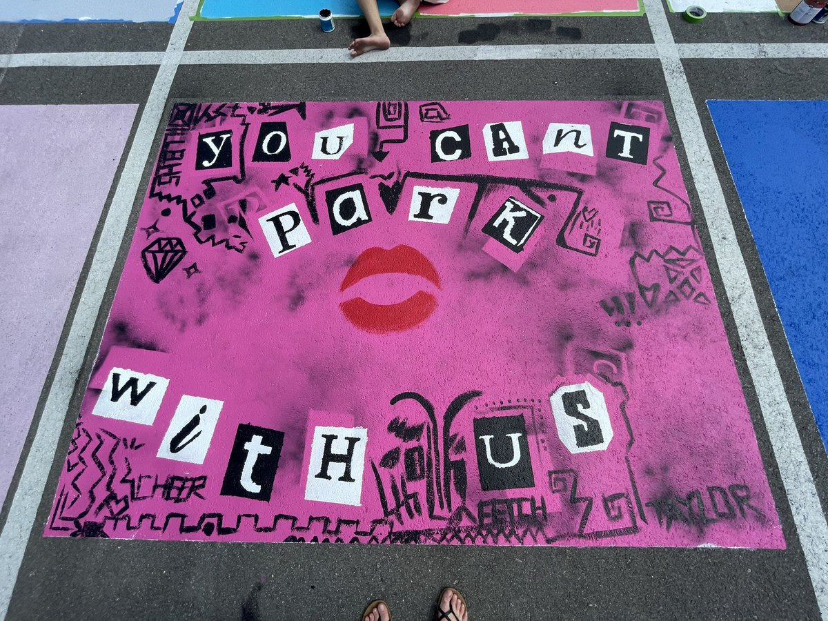 raynesajonas's tweet photo. My daughter painted her High school parking spot today.  #meangirls #burnbook @lindsaylohan https://t.co/x0CC7zmFcZ