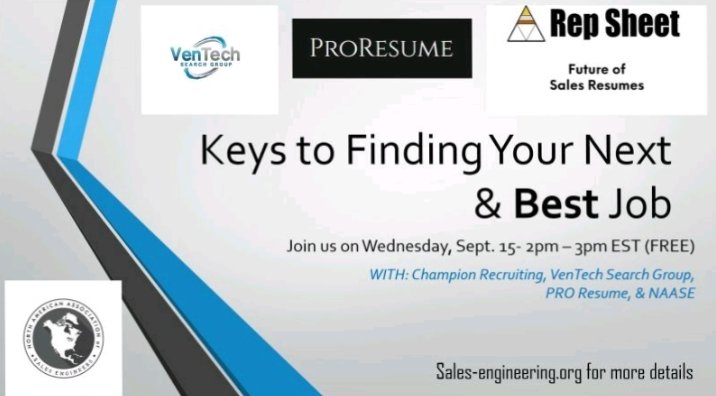 NAASE___'s tweet photo. The old adage is still true: It's easy to find A job; it's hard to find a GOOD job (or a job that you really want). Join us on Sept. 15th and ask the experts all your job search and career questions. Get answers from the people that live it every week.

#jobseekers #salesengineer https://t.co/ayUgwPCPNt