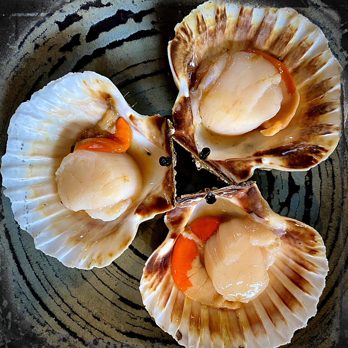 Hand dived king scallops with preserved lemon and smoked garlic pomme purée, creamy dill and spinach sauce, tempura veg