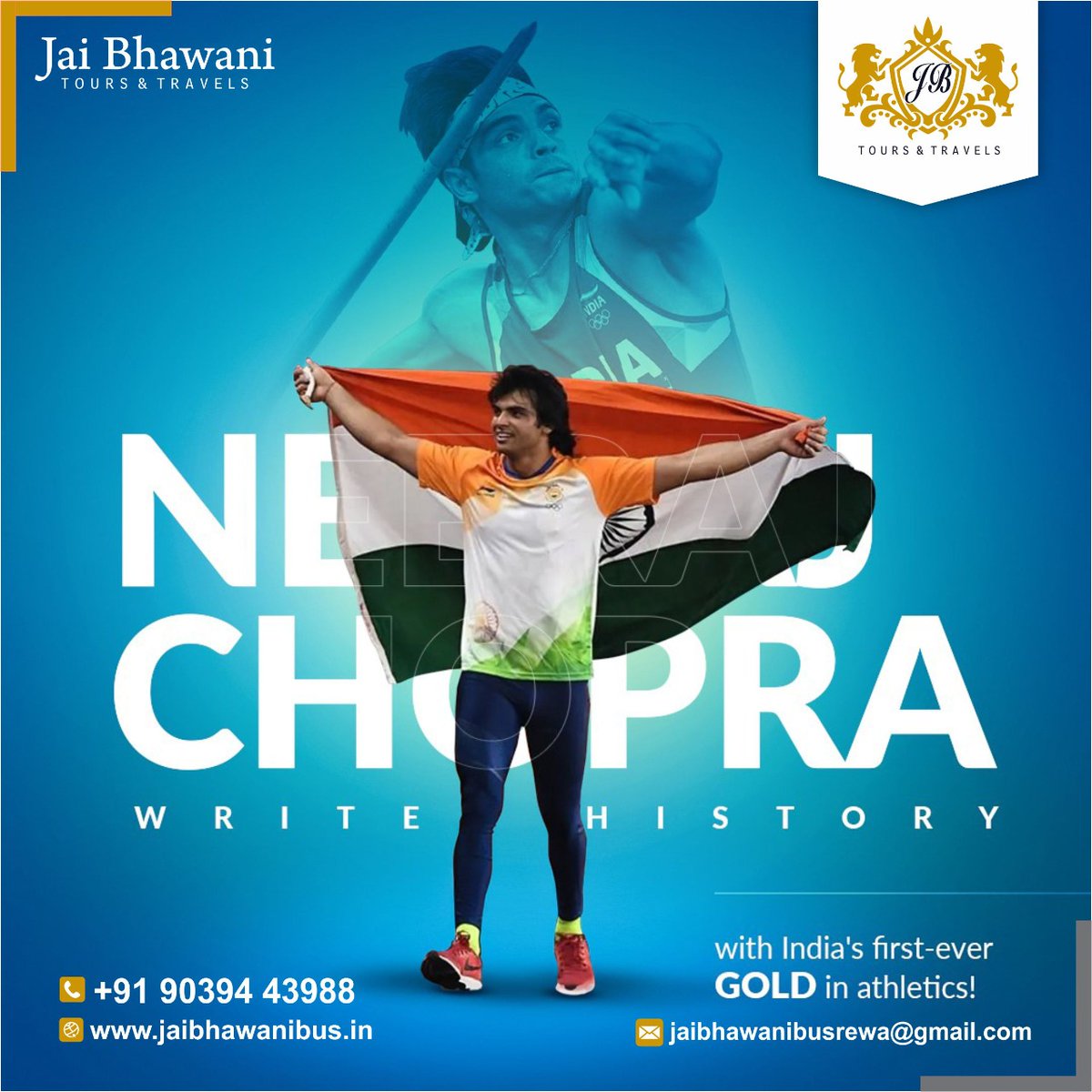 Jbtrewa's tweet photo. Neeraj Chopra wins India's first gold at Tokyo Olympics 🎉🇮🇳🥇 after 13 years...
He created history by receiving medal in Athletics.. 🎽
 #नीरज_चोपड़ा https://t.co/1q4faxdxoe