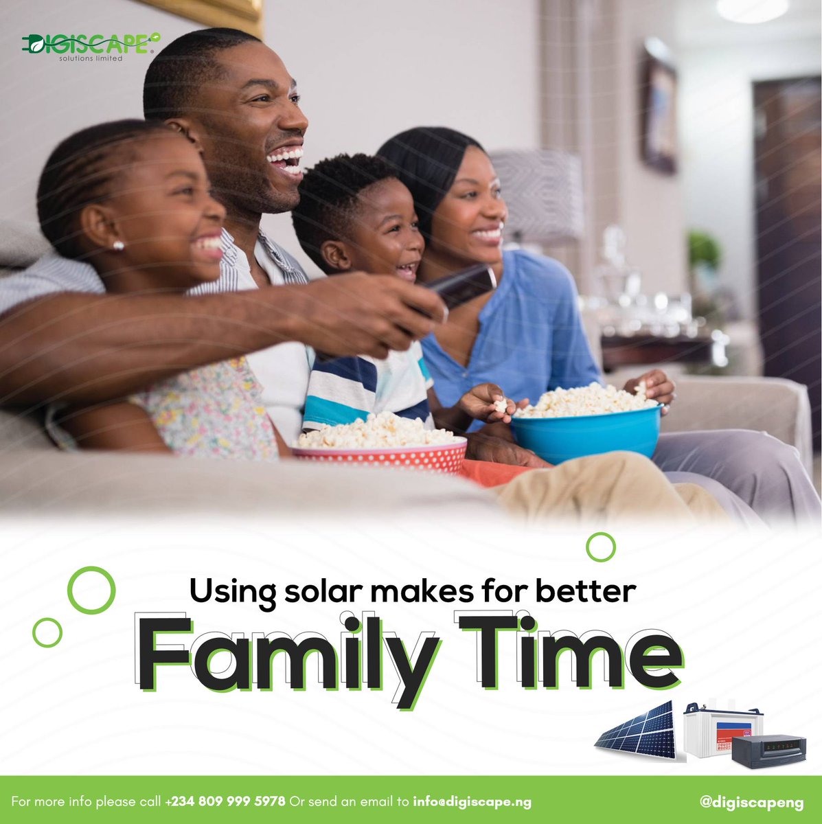 DigiScape Solutions Ltd (@digiscapeng) on Twitter photo Don't let lack of power supply stop you from enjoying quality family time this weekend. 
Switch to solar with Digiscape and catch up on all your favourite shows with the family. 
Contact +234 809 999 5978 today.
#dotheswitch #weekend #switchtosolar #digiscapeng Don't let lack of power supply stop you from enjoying quality family time this weekend. 
Switch to solar with Digiscape and catch up on all your favourite shows with the family. 
Contact +234 809 999 5978 today.
#dotheswitch #weekend #switchtosolar #digiscapeng