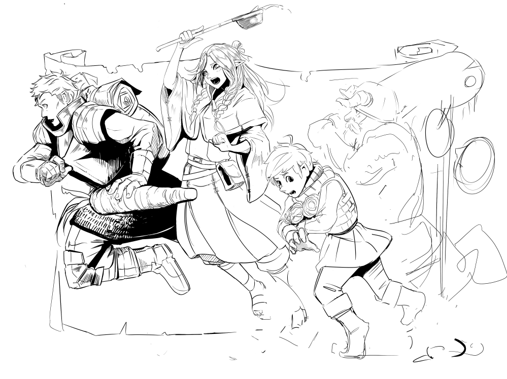 Tarmillustrates's tweet photo. WIP and Sketch dump #1. Dungeon meshi and OC stuff. https://t.co/Ei4Nj4ew9K